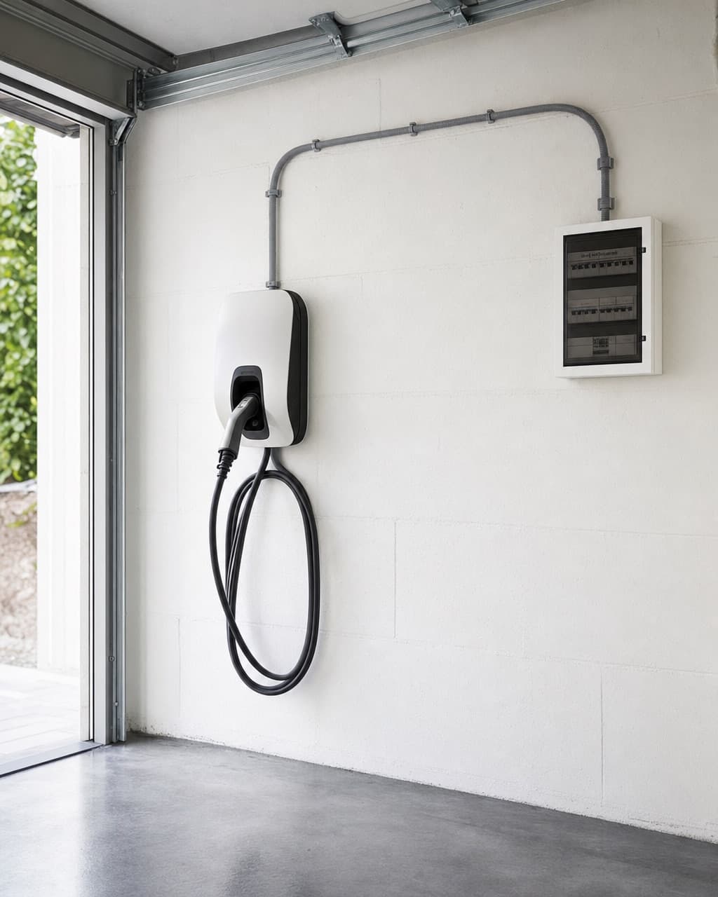 Une borne de recharge murale blanche dans un garage individuel, gaine grise courant vers le tableau divisionnaire