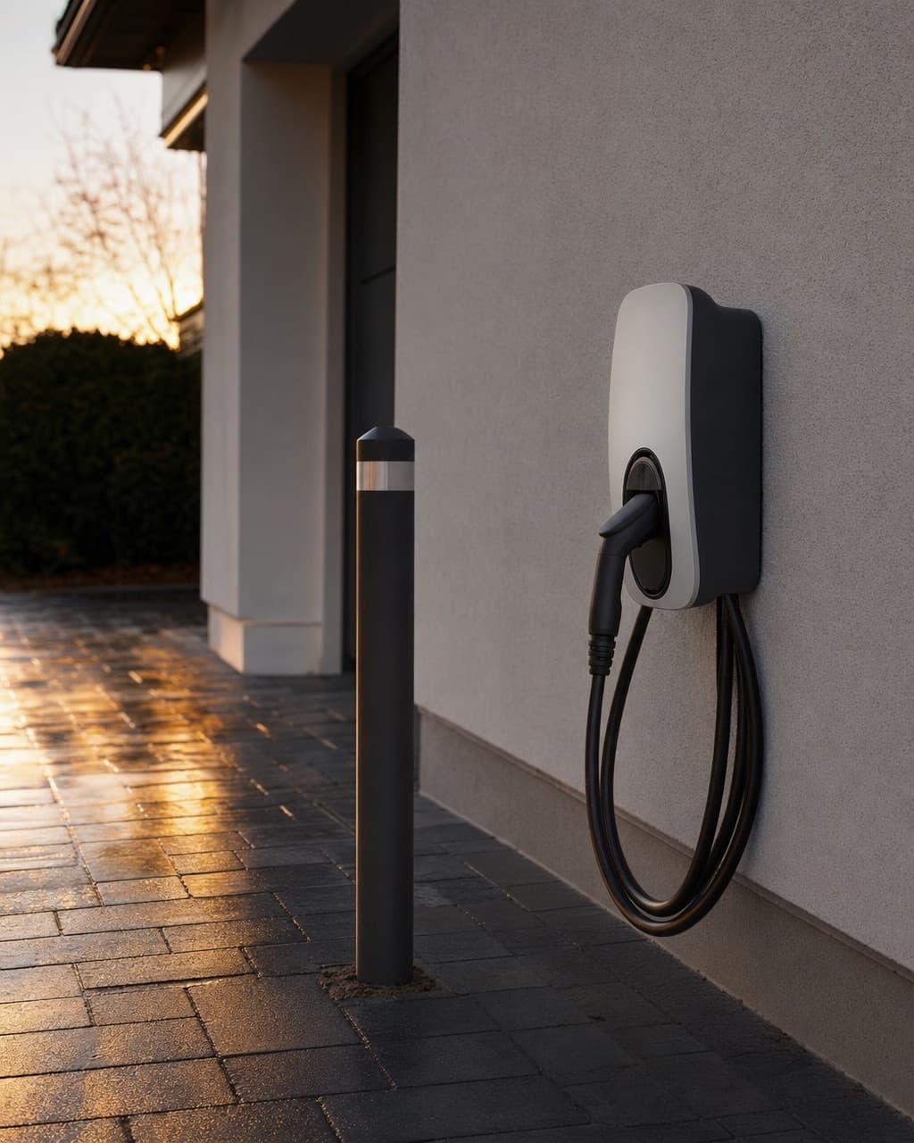 Une borne de recharge sur un mur extérieur en crépi clair à côté d’une allée, protégée par un potelet