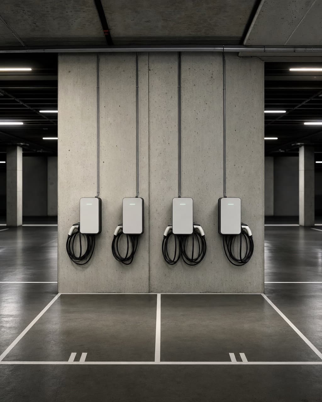 Quatre bornes de recharge alignées sur un pilier béton dans un parking souterrain, places numérotées peintes au sol