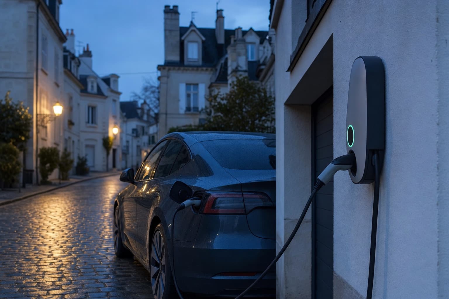 Une borne murale sur un garage privé au crépuscule, une voiture électrique branchée à côté