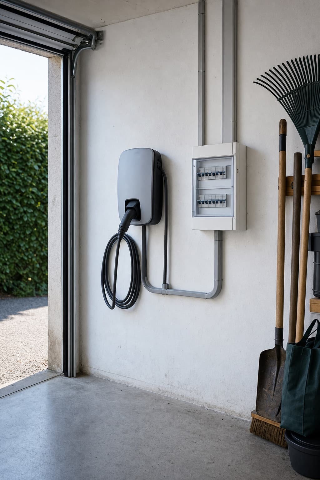Un garage privé français : borne murale posée à côté du tableau, goulotte entre les deux