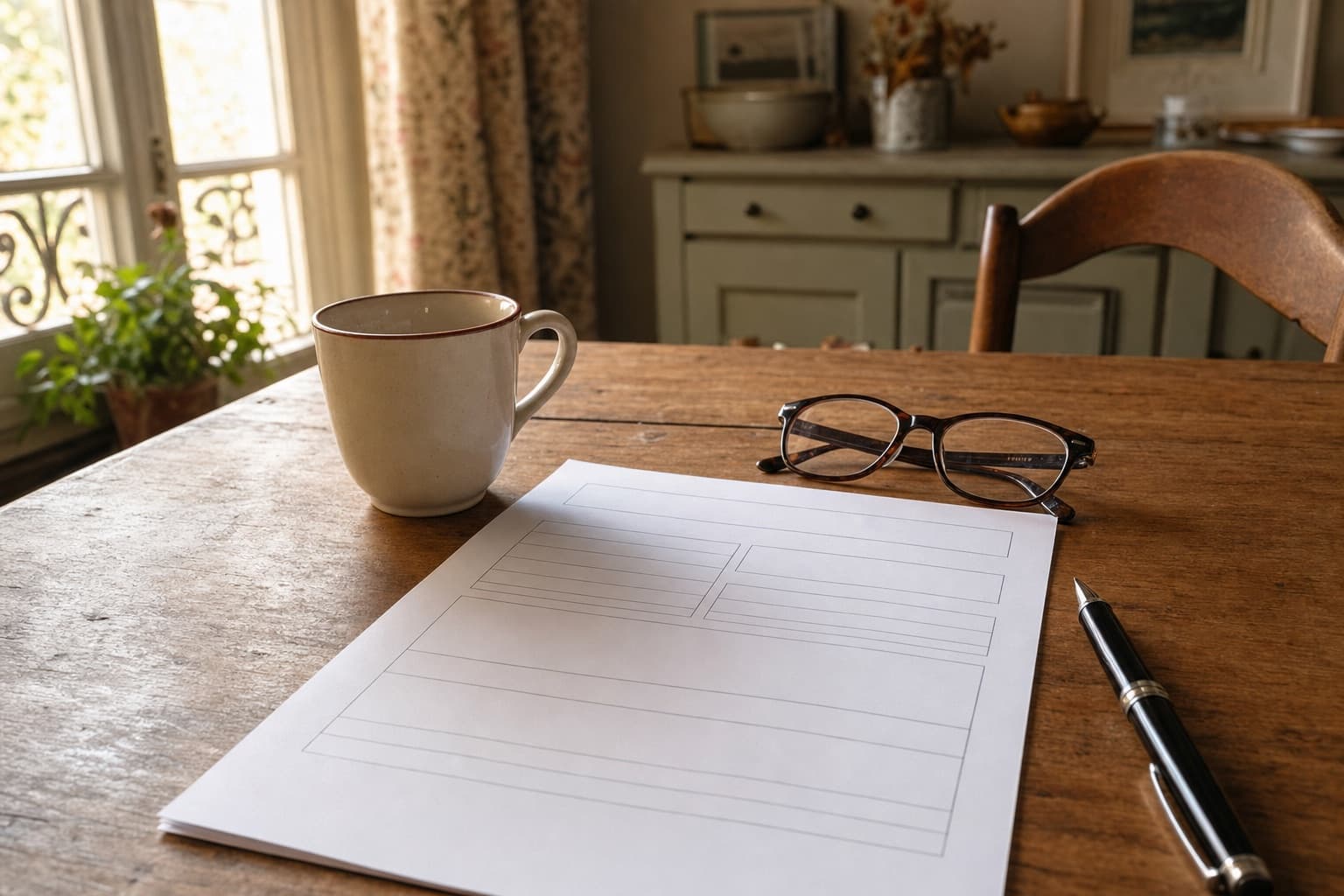 Un formulaire vierge, un stylo et une paire de lunettes sur une table de cuisine, lumière d’après-midi