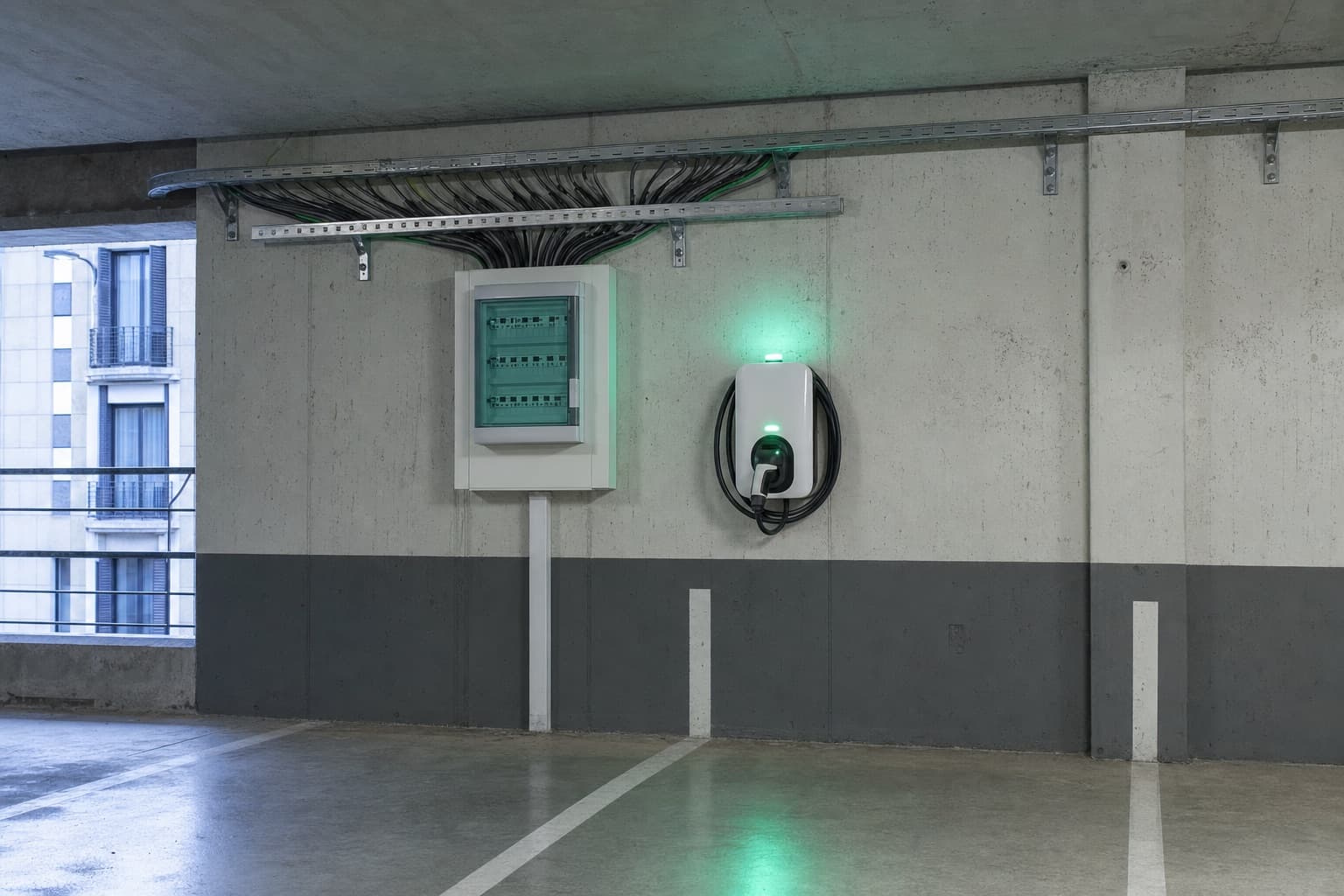 Un parking de copropriété en cours d’équipement : tableau divisionnaire neuf et chemin de câble au-dessus des places