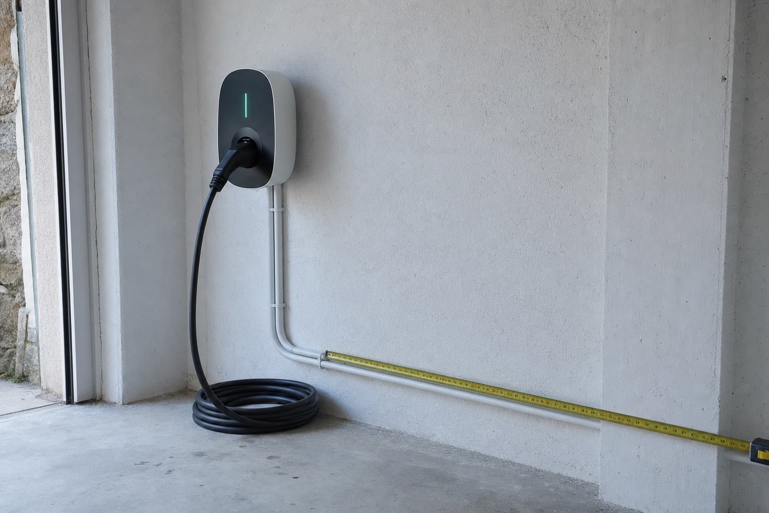 Une borne neuve sur un mur de garage, une couronne de câble non utilisée au sol dessous