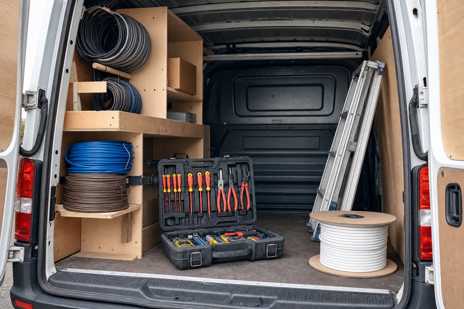 L’intérieur d’un fourgon d’électricien organisé : couronnes de câble, caisse à outils, goulotte